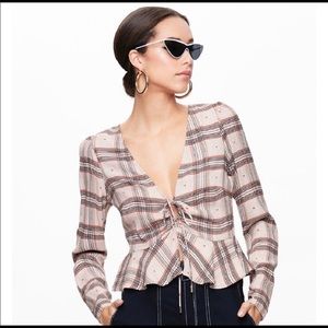 Plaid front tie blouse